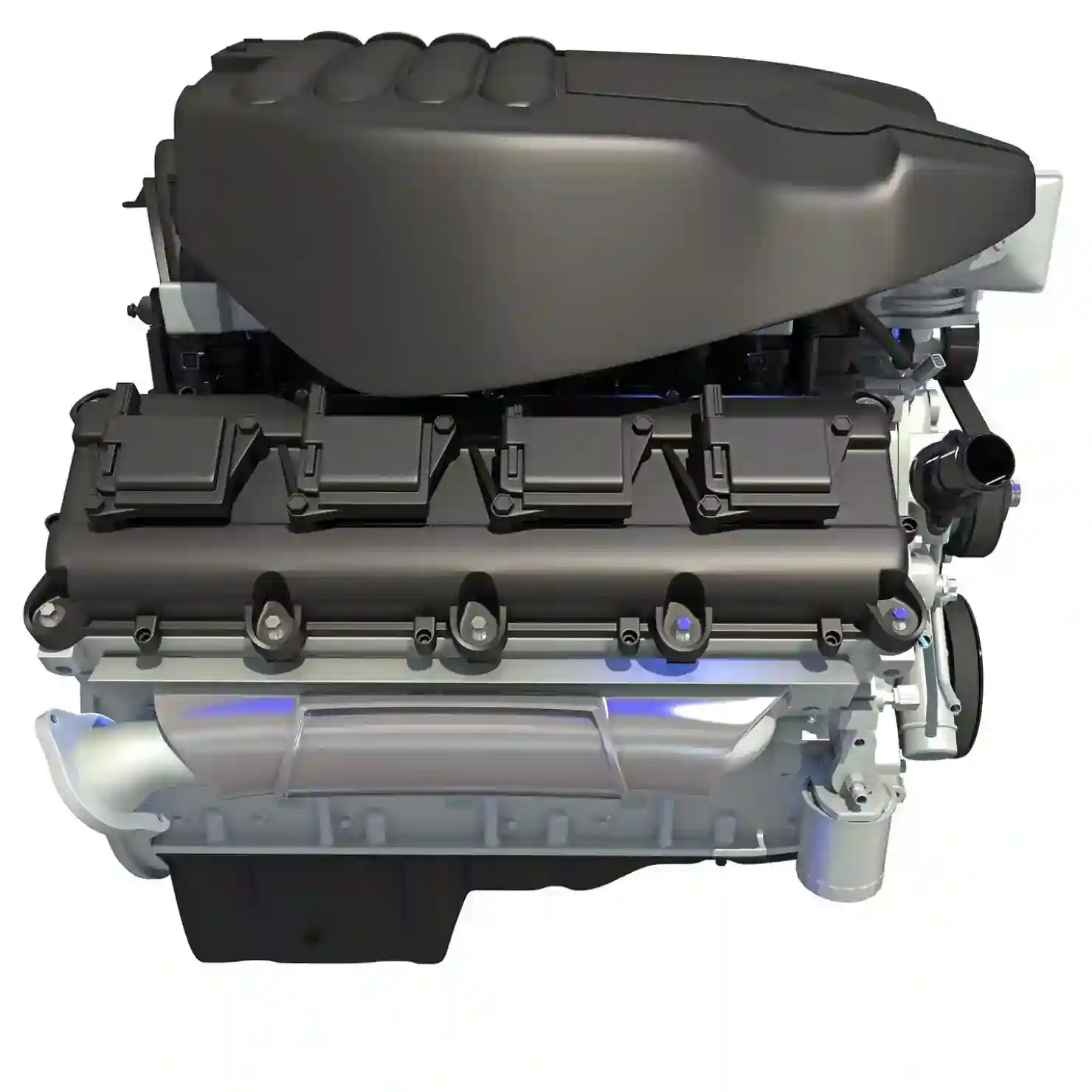 3D render of a V8 car engine with cylinder head covers, intake manifold, and coils on a white background.