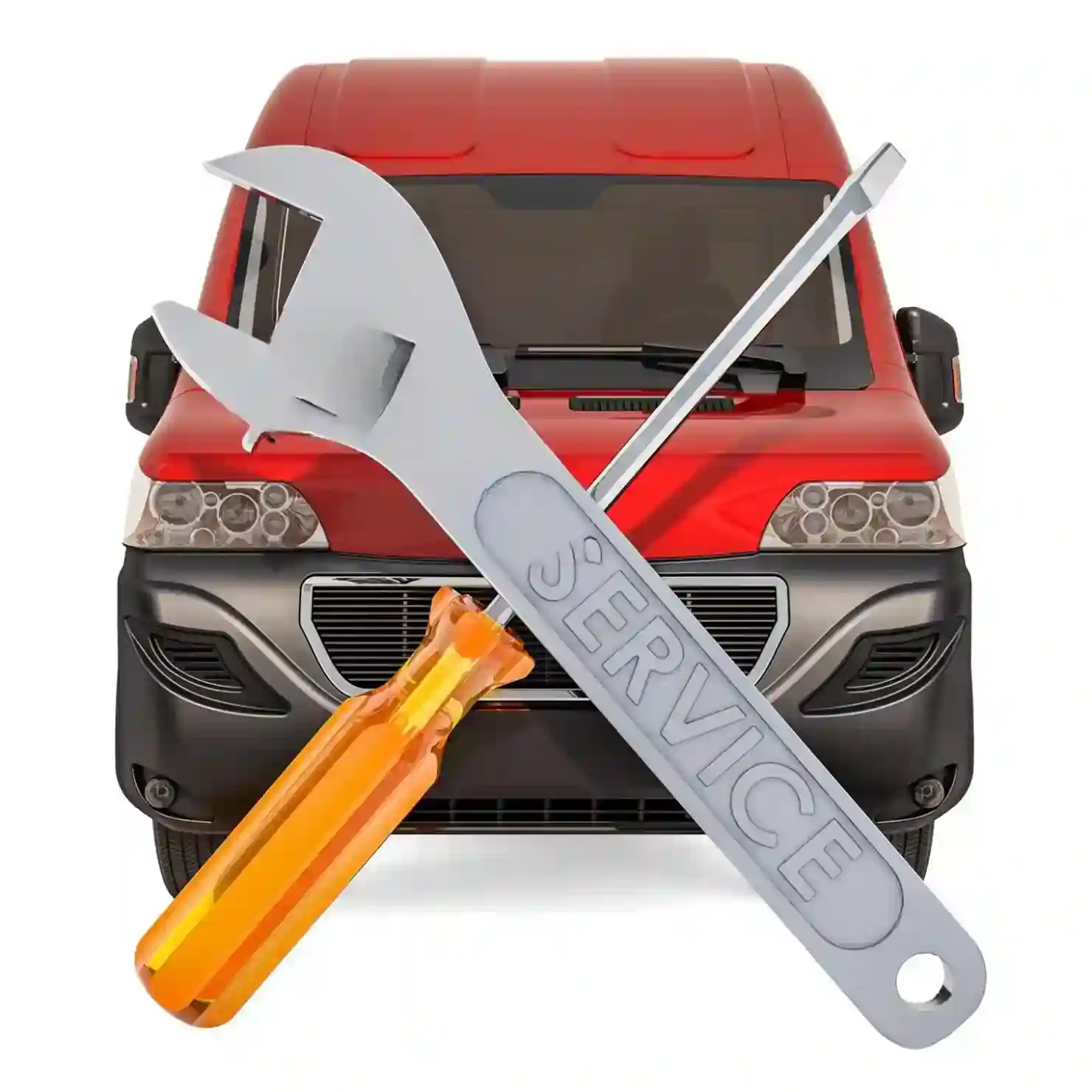 Red van with a wrench and screwdriver labeled "SERVICE" overlaid, symbolizing vehicle maintenance and repair.